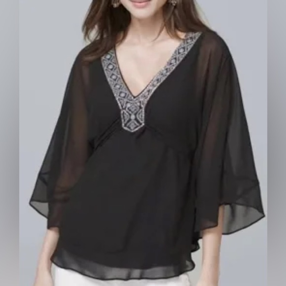 White House Black Market Beaded Embroidered Blouse, Size M